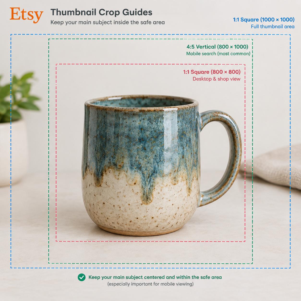 A handmade ceramic mug centered in a square frame, showing Etsy thumbnail crop guides