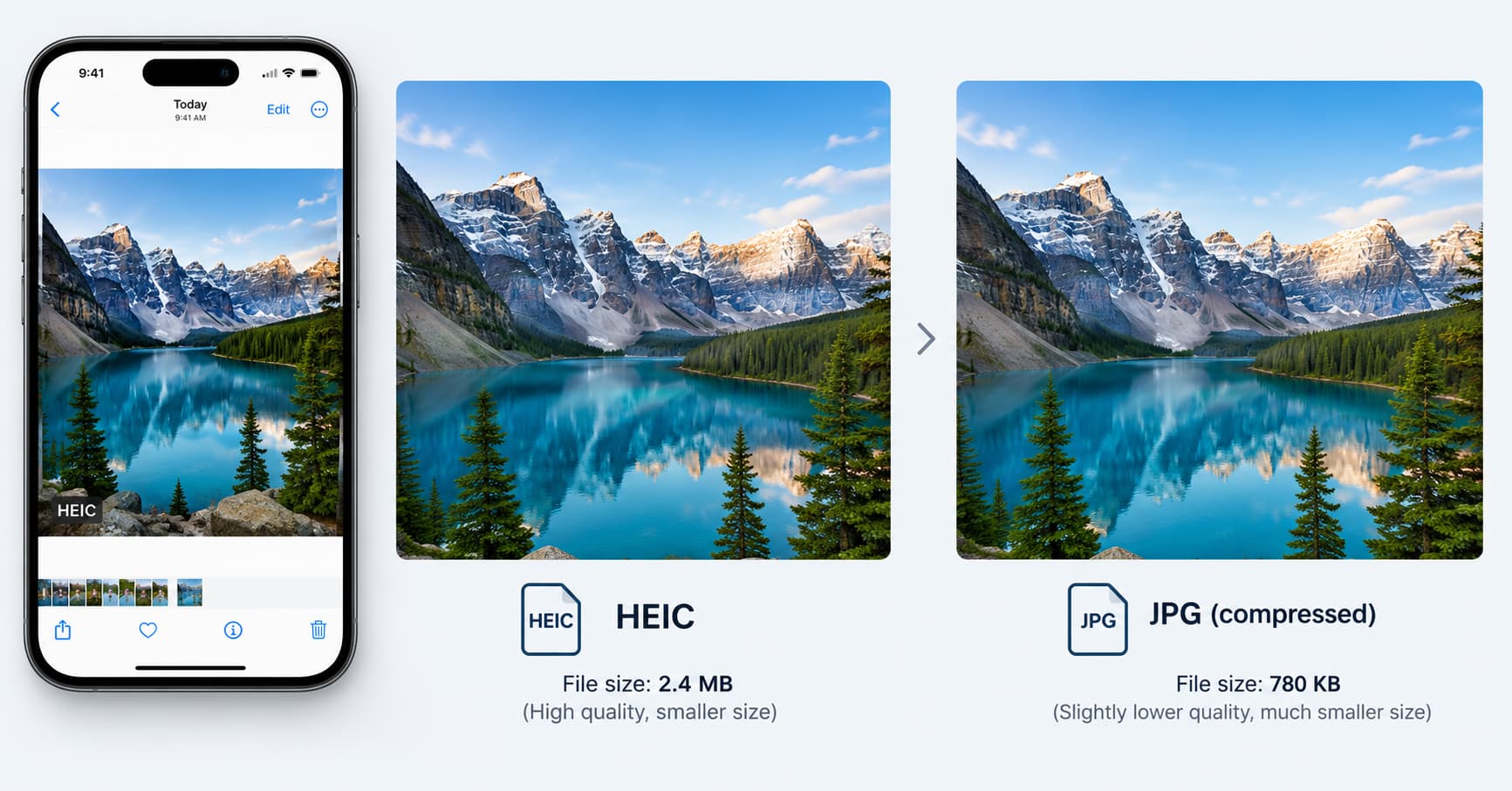 An iPhone showing a HEIC photo next to a compressed JPG version of the same image