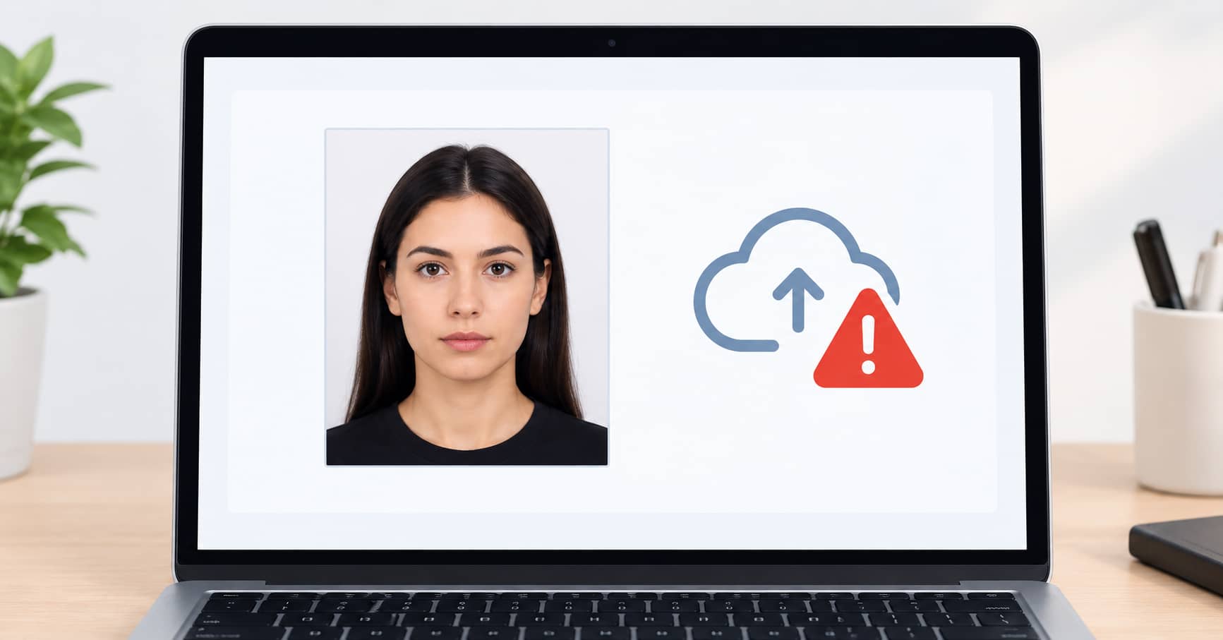A passport photo on a screen with a warning symbol over an upload cloud icon