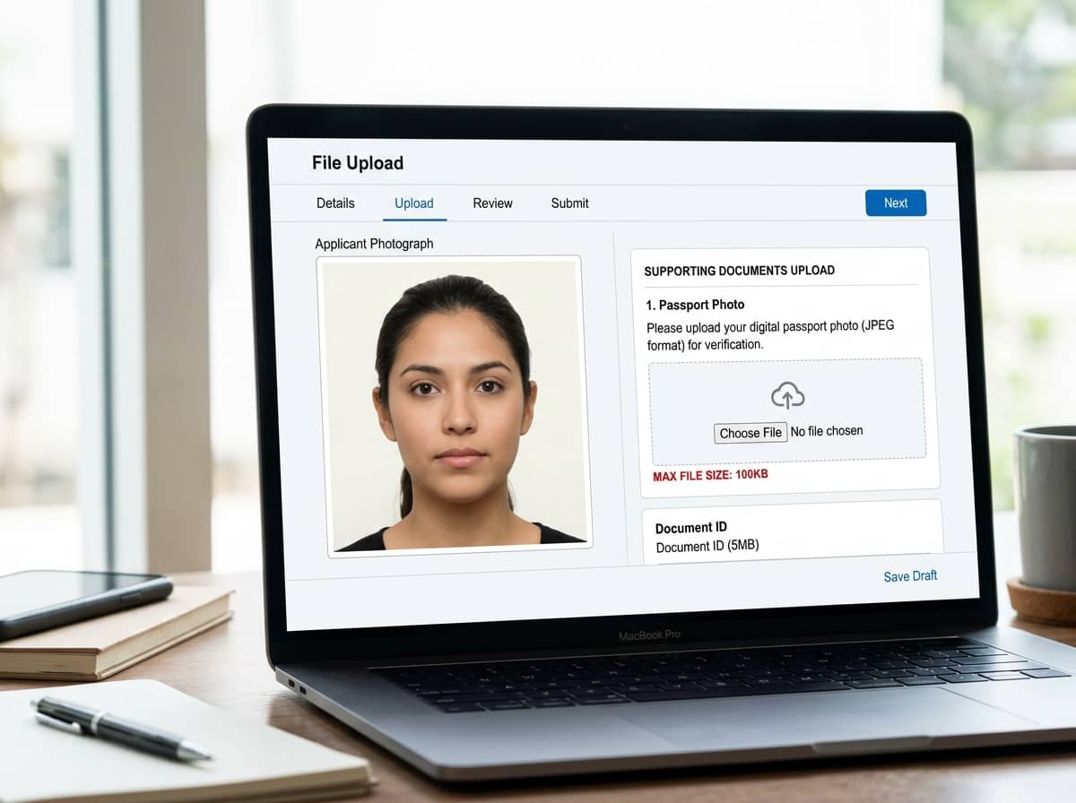 A passport-style photo next to a file upload form showing a 100KB size limit