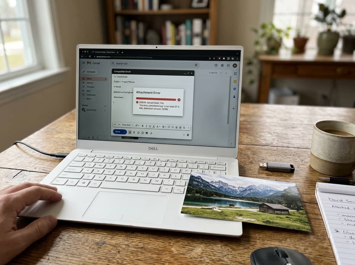 A laptop showing an email attachment error next to a compressed photo
